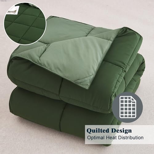 Image of HIG 3 Piece Green Reversible Duvet Double 200cm x 200cm - Coverless With Baffle Box Design - 10.5 Tog Down Alternative Comforter Set With 2 Shams - Corner Tabs - Machine Washable & Durable