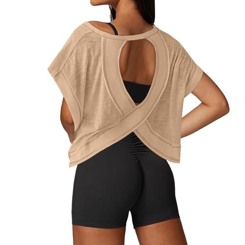 Image of UNIANKIYA Open Back Workout Tops for Women Loose Fit Athletic Crop Tee Short Sleeve Gym Running Yoga Shirt