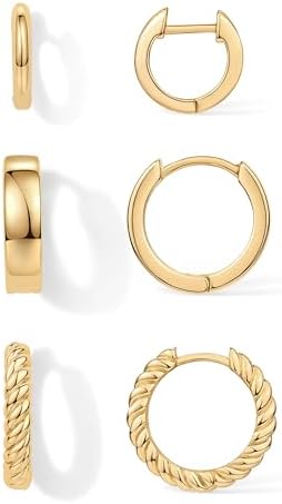 PAVOI 18K Gold Plated Sterling Silver Posts 3 Pairs Small Hoop Earrings Set | Plain Rope Wide Huggie Hoop Pack Earscape for Women 15mm 14mm 12mm