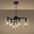 CNRATYE 6-Light Modern Farmhouse Black Chandelier, Contemporary Dining Room Light Fixture, Adjustable Height Hanging Industrial Pendant Lights Kitchen Island, Clear Glass Shade