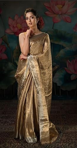 Women’s Banarasi brocade tissue Saree – Golden Banarasi Woven Design | Luxury Indian Traditional Wedding & Party Wear Saree