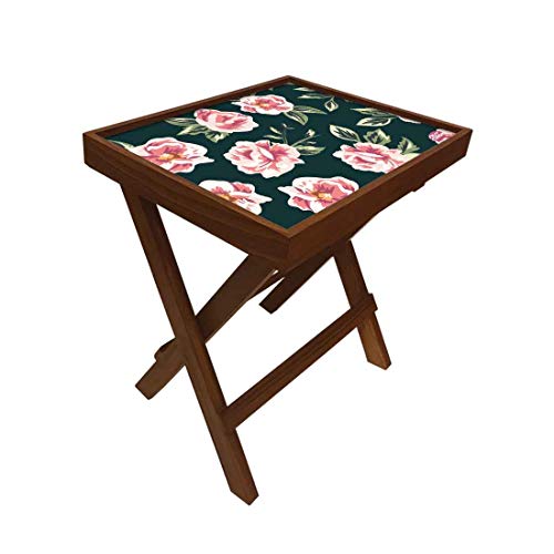 Image of Nutcase Designer Teak Wood Side Table Folding Wooden Bedside Coffee Outdoor Picnic Table - Pink and Black Floral