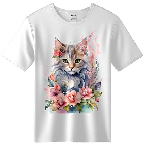 Image of Cotton Half Sleeve White Tshirt for Women, Round Neck, Flower Cat