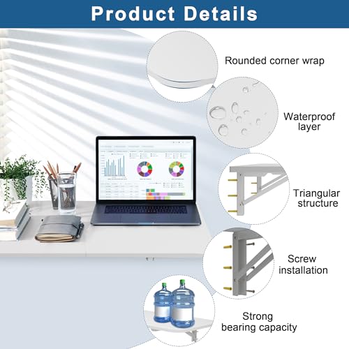 lesolar Mesa plegable de lavandería montada en la pared, mesa de pared plegable flotante, mesa de comedor plegable, escritorio para laptop, para lavandería, oficina, cocina, baño, color blanco (47.2 x - imagen 7