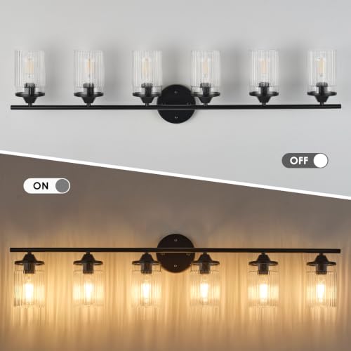 Image of Jonsi Bkack Bathroom Light Fixtures 6-Light Vanity Lights Modern Wall Sconce with Clear Glass Shade Bathroom Light Fixture Over Mirror for Bedroom Hallway Kitchen