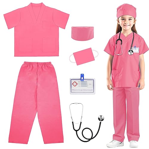 Riorand Kids' Doctor Lab Coat Costume With Accessories Role Play For Boys Girls Playset Nurse Costume Age 3-12 (Pink, Xl-150Cm/1