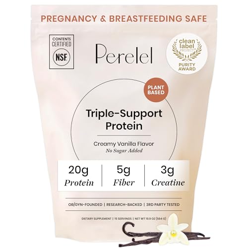 Perelel Triple-Support Plant Based Protein Powder Creamy Vanilla 20g Vegan Protein Powder 3g Creatine Monohydrate & 5g Prebiotic Fiber per Serving Dairy Free No Sugar Added 15 Day Supply