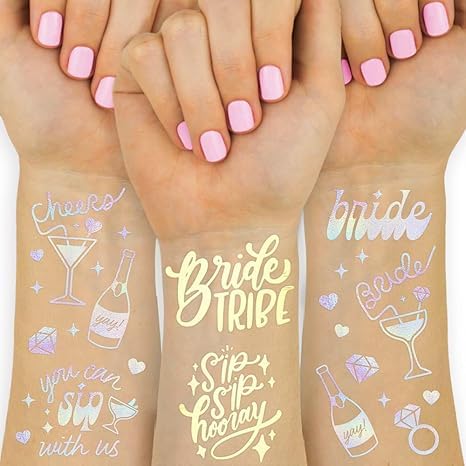Gold+Silver Wedding Cheers Bachelorette Temporary Tattoos - 200+ Glitter Styles Party Decoration Bridesmaid Favor Bride to Be Gift Bridal Shower Supplies