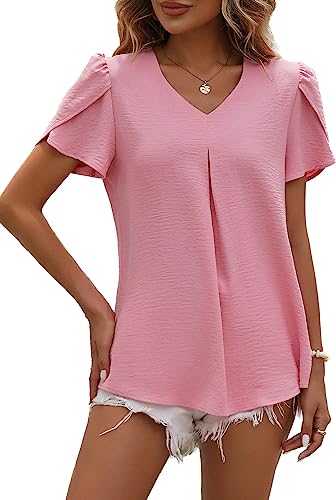 LEKOPUR Bluse Damen Sommer Kurzarm Tunika V-Ausschnitt Shirt Einfarbig...