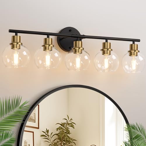 Image of 5-Light Bathroom Vanity Light, Black and Gold Bathroom Light Fixtures with Clear Glass Globe Shades, Modern Vanity Lighting Over Mirror for Bathroom, Kitchen, Living Room, Hallway, Bedroom, Porch