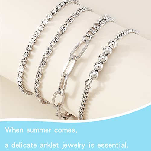 Layered Anklet Bracelets For Women Silver Satellite Chain Rhinestone Anklets Boho Adjustable Layering Beads Anklets For Teen Girls Minimalist Simple Dainty Jewelry #TOP3