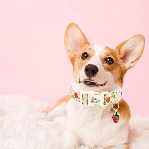 Image of Dog Collar-Cute Strawberry Adjustable Pet Collars Soft Comfortable Spring Puppy Collar Pink Cotton Dog Collars Necklace Gift for Medium Dogs