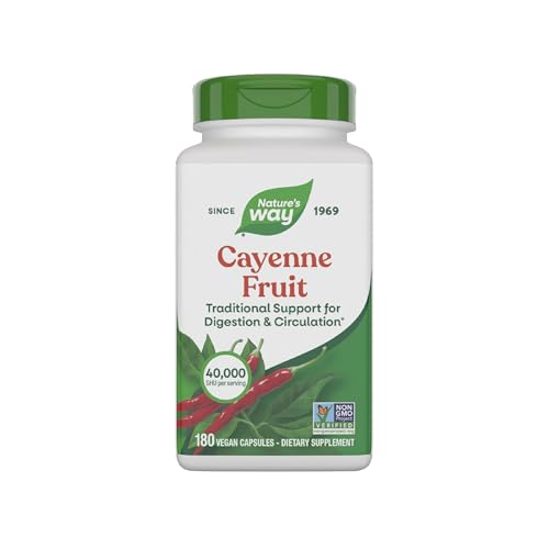 Nature's Way Cayenne Pepper Capsules, Traditional Digestion & Circulation Support*, Capsaicin, Non-GMO Project Verified, Gluten Free, 180 Vegan Capsules (Packaging May Vary)