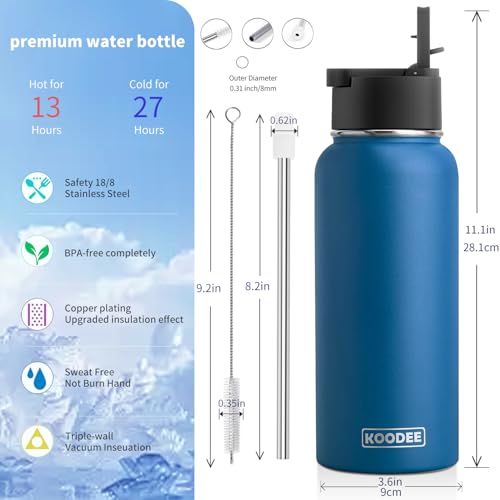 Image of koodee Insulated Water Bottle-32 oz Stainless Steel Vacuum Insulated Water Bottle with Straw Lid, Double Wall Metal Sports Water Bottle for Men (Navy)