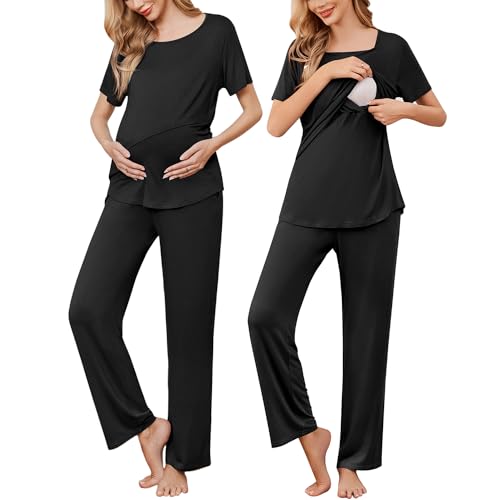 Image of Ekouaer Women's Maternity Nursing Pajama Set Breastfeeding Sleepwear Set Double Layer Short Sleeve Top & Pants Pregnancy PJS Black