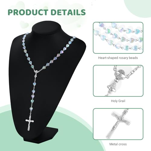 Rosary Beads Cross Necklace for Women, Catholic Rosary Necklace for Men with Crucifix, Crystal Heart Shaped Rosarios Catolicos, First Communion Christian Gifts(Colorful Clear)3