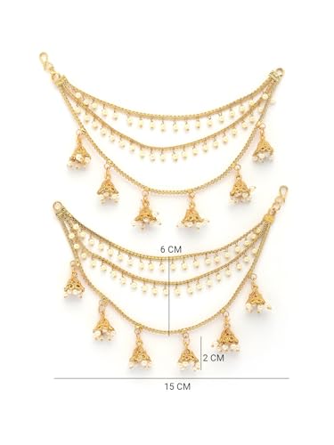 Image of Sukkhi Classical Traditional 18k Gold Plated with Brass Metal & Pearls Studded Jhumka /Jhumki Multi Layer Ear Kan Chain Earring Jewellery for Women & Girls|Bahubali Inspired Long Chain