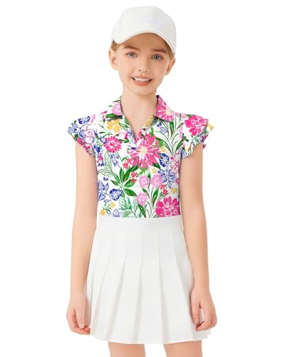 Image of Soneven Girls Ruffle Sleeve Polo Shirts V-Neck Golf Tennis T-Shirts Uniform Shirts Quick Dry for 4-14 Years