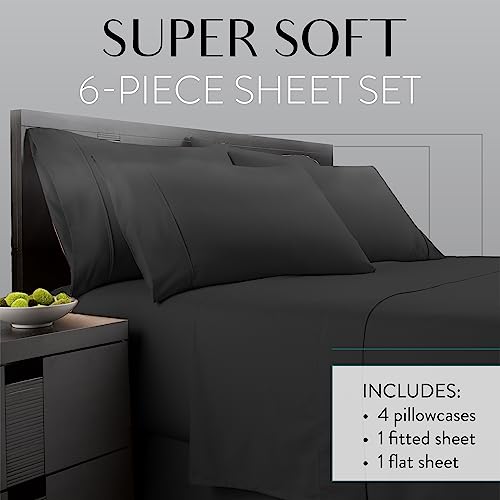 Danjor Linens Bed Sheet Set Queen Size for Hot Sleepers, Hotel Premium Sheets with 4 Pillowcases, Lightweight Brushed Microfiber Deep Pockets, Breathable Cooling 6 Piece Bedding Sets, Black