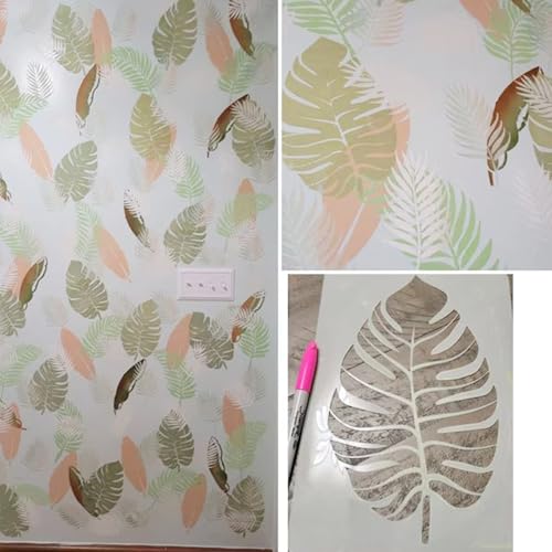 Image of 12 Pcs Large Leaf Stencil for Painting on Walls Tropical Palm Stencil Crafts Reusable Plant Fern Templates for Walls Shirts Floor Canvas (12 Leaf)