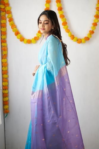 Image of Women's Cotton Woven Soft Sarees With Attach Blouse Piece.