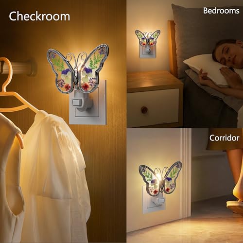 Image of KY&BOSAM Butterfly Night Lights Plug into Wall 1-Pack 7W Plug in Night Light Dusk to Dawn 3000K Warm White Bright Real Flower+Metal Nightlight Switch-On /Off for Adults Kids Room Bathroom Kitchen Decor