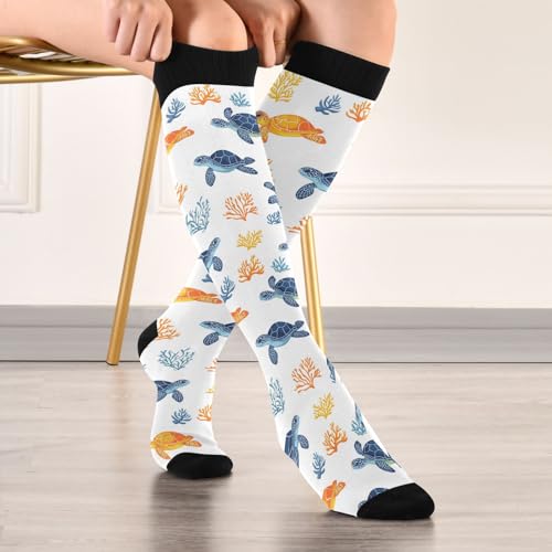 Image of Pigsaly Various Forms Sea Turtle Women's Knee High Socks Blue Ocean Waves Compression Socks Unisex Casual Athletic Tube Sock Outdoor Sport Socks For Running Hiking Travel