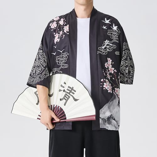 Image of PRIJOUHE Men's Lightweight Kimono Jacket Seven Sleeve Open Front Cardigan Coat Japanese Style Bathrobe