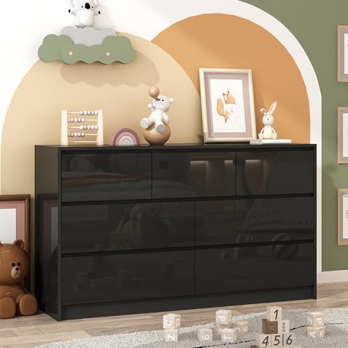 jiteentarou Black Malm Dresser for Bedroom, 55 Inch Long High Gloss Dresser with 7 Drawers, Modern...