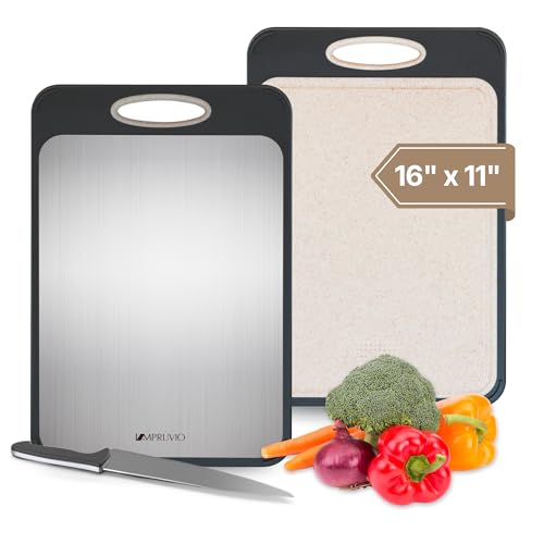 All-New 2026 Stainless Steel & Wheat Straw Cutting Board 16”×11” – Double-Sided, Non-Slip Base, Juice Groove, Knife-Safe, Dishwasher Safe, Non-Toxic, Scratch & Rust Resistant Kitchen Chopping Board