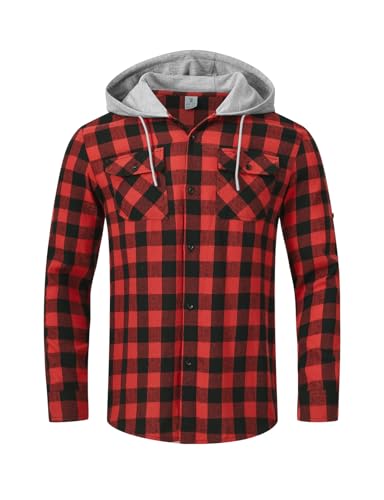 Rdruko Men's Plaid Hoodie Flannel Shirt Jacket Long Sleeve Fashion Casual Hooded Button Down Shirts
