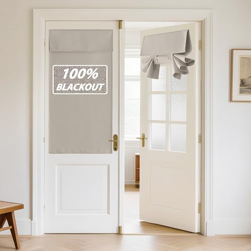 RYB HOME 100% Blackout Linen Door Window Curtains for French Door, Tricia Room Darkening Adhesive Privacy Assured Thermal Insulated Blinds for Kitchen Glass Window, W 26 x L 40, 1 Panel, Sand