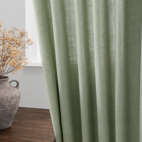 Image of Nanspringt Light Sage Linen Semi Sheer Curtains 80 Inch Length for Living Room Lightweight Door Drapes 2 Panels Set for Bedroom Light Filtering Back Tab Rod Pocket Curtain Protect Privacy 52x80