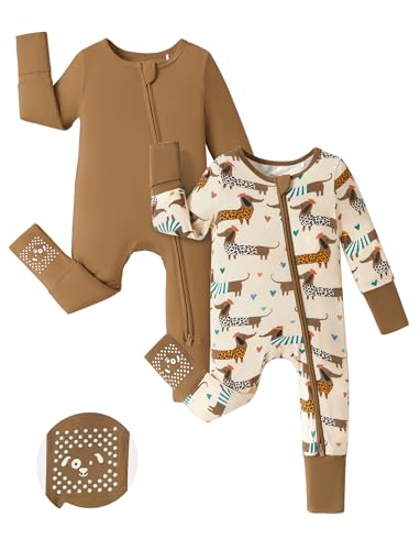 Image of PATPAT Baby Footie Romper, Viscose from Bamboo, Long Sleeve, 2-Way Zipper, Fold-Over Mittens, Cuffs & Anti-Slip Grips