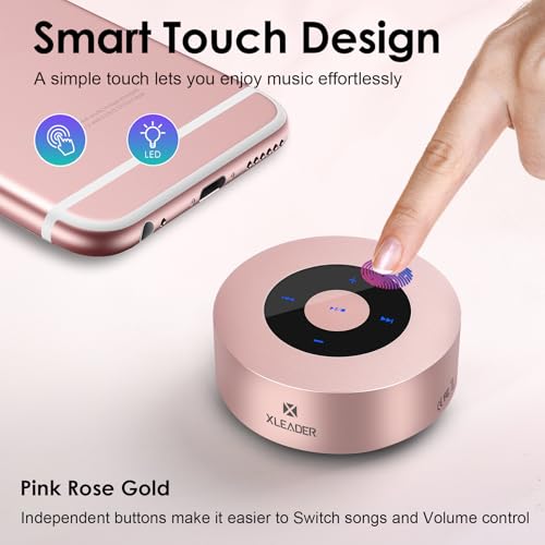 XLEADER Mini Bluetooth Speaker (Travel Case Provided) HD Sound&Rich Bass, Touch Design, 12-15H Playtime, Support Aux Input, Micro SD, Mic, for iPhone Laptop Shower Office, Ideal Gifts, Pink Rose Gold
