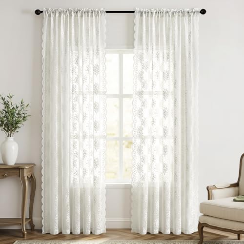 Image of MIULEE Vintage Floral Scalloped Lace Curtains 2 Panels, White 52 inch W x 84 inch L