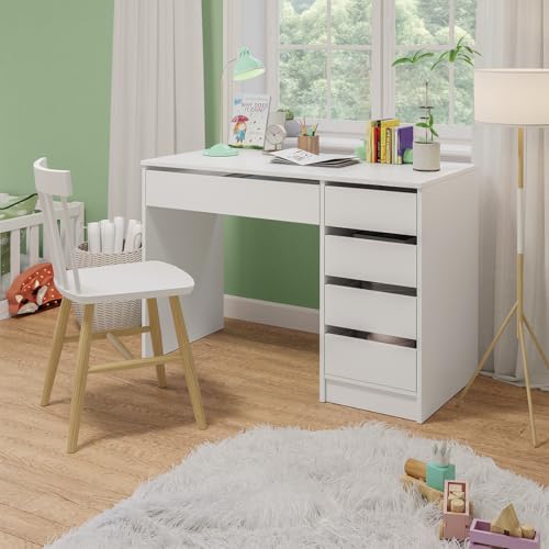 Bellabino Nore Kinderschreibtisch in Weiß mit 5 Schubladen - Jugendschreibtisch 110x53 cm - Schreibtisch Kinder ab 6 Jahren - Schülerschreibtisch mit Schubladen beidseitig montierbar für Kinderzimmer
