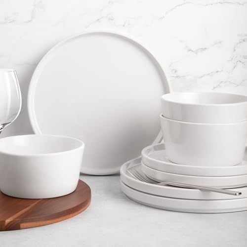 Image of Zulay Kitchen Terra Plates and Bowls Sets, 16 Piece Modern Stoneware Dish Set for 4, Chip and Scratch Resistant Ceramic Dinnerware Set, Microwave and Dishwasher Safe, White