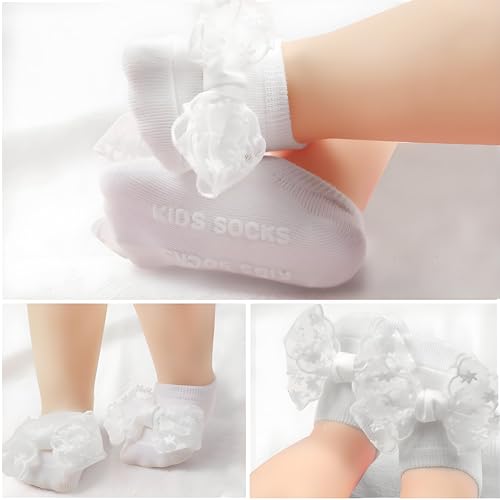 3 Pairs Baby Girls Socks, Lace Bow Non-Slip Grips Sock Toddler Princess Low Cut Ankle Socks for Newborn,Infant4