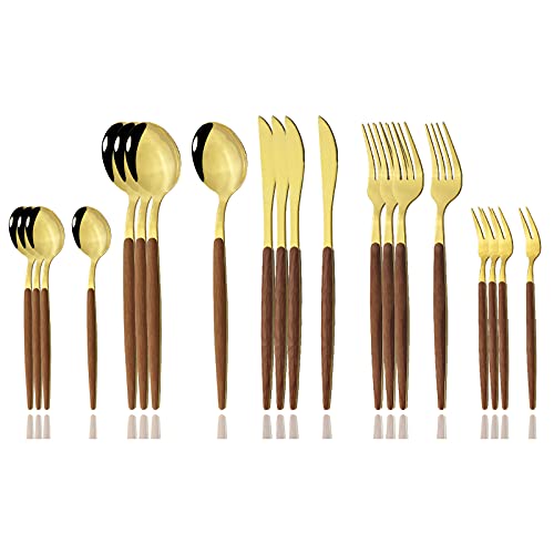 Image of JASHII 20 Pieces Wood Stainless Steel Cutlery Set Wooden Handle Flatware Set Knife Fork Spoon, Kitchen Utensil Service for 4, Mirror Polished - Gold