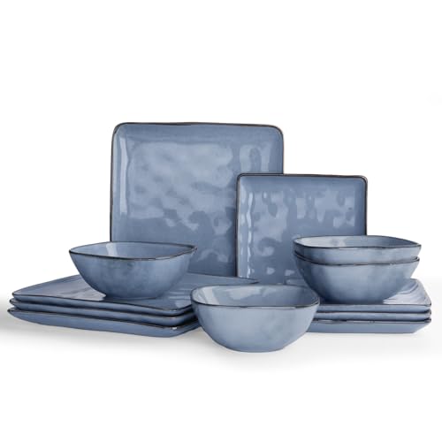 Richmount Ocean Service de table en faïence pour 4 personnes, 12 pièces, set d'assiettes carrées, service combiné avec vernis réactif, service de table résistant aux rayures, bleu