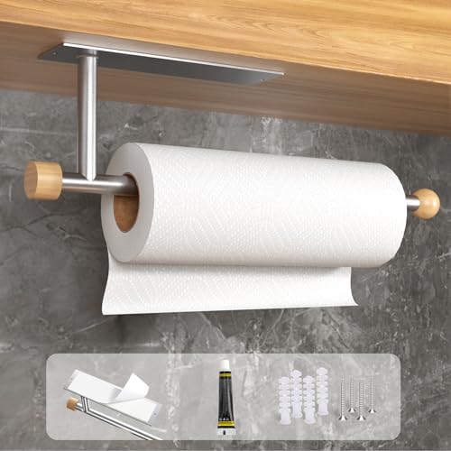 Zivacate Portarrollos de Cocina sin taladrar, [Acentos Estéticos de Madera] Adhesivo o Taladro Porta Rollos Papel Cocina Pared, Soporte Rollo Papel Cocina, Portarrollos de Pared (Plata metálica