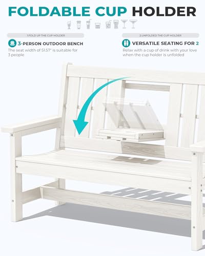 Image of SERWALL HDPE Outdoor Bench with Cup Holder Oversized 58 inch Porch Bench, White