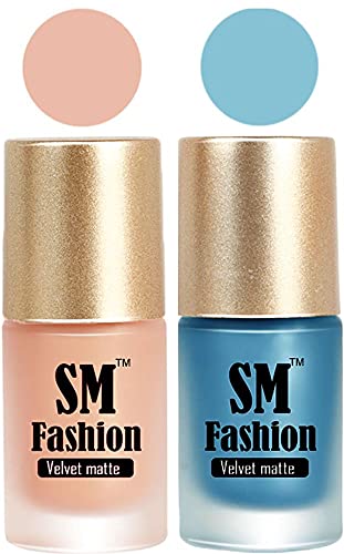 Image of Nail Polishes, Peach-Sky Blue Velvet Matte Nail Paint Combo Set of 2 Pcs 7ml each