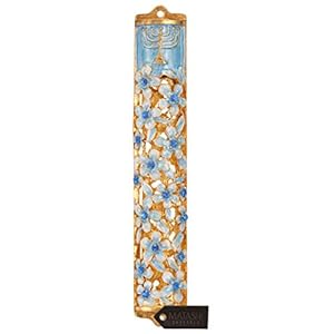 Matashi Hand Painted Blue and Ivory Enamel Flower Mezuzah Embellished with Gold Accents and Menorah Design Crystals Home Door Wall Decor Housewarming Present Gift for Festival(5.5 inch)