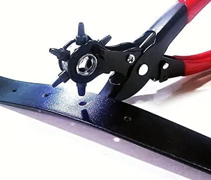 Image of Punch Hole Pliers: Metal Hand Tool with Revolving Heavy-Duty Puncher for Leather Craft, Belts, Watch Bands, Bags, Dog Collars, and Fabric Better Control