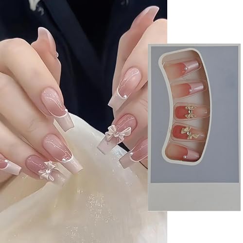 S.A.V.I 24 PCs Long Coffin Nude French Manicure Fake Nails with 3D Bowknot Design, Reusable Press-On Nails for Women – Elegant & Durable Artificial Nails for Weddings & Parties
