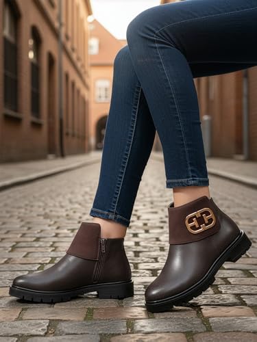 Image of ELLE Women's Chic Dual Texture with Gold-Tone Embellishment Ankle Boots