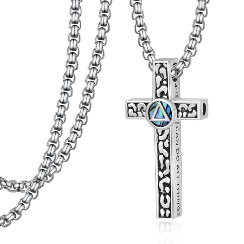 AA Sobriety Gifts 925 Sterling Silver Alcoholics Anonymous Gifts Mens Cross AA Pendant Necklace Stay Sober Recovery AA Jewelry Sobriety for Men Women