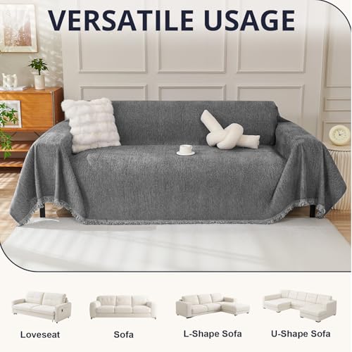 Royhom Sofa Überzug Chenille, Sofabezug L Form, Couch Überzug Ecksofa, Sofaüberwurf 2 Sitzer, Couch Überwurf mit Deko Quasten, Grau Sofa Überwurf(Dunkelgrau, 180x260cm)